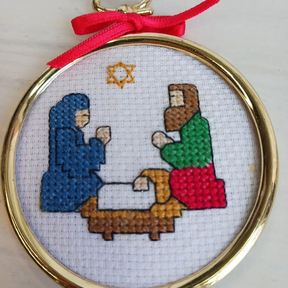 Vintage Nativity Scene Cross Stitch Christmas Ornament